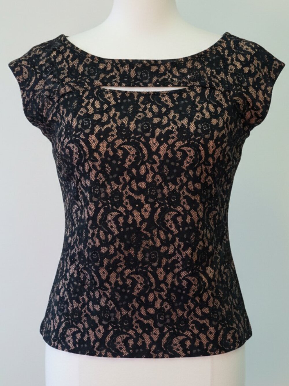 Michael Kors Black Lace Cap Sleeve Top | Nude Underlay | Fitted | Size XS